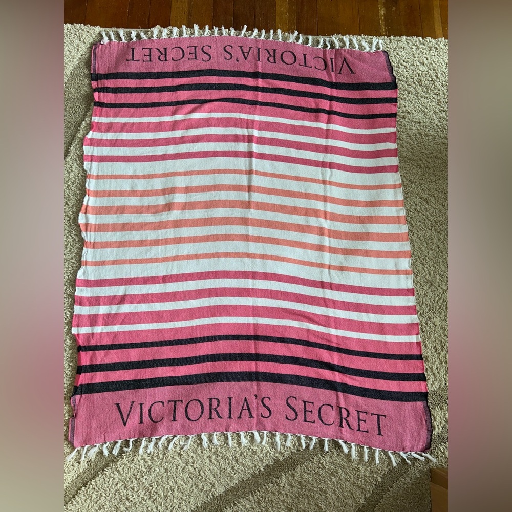 Victoria’s Secret throw blanket striped pink white fringed beach blanket layout